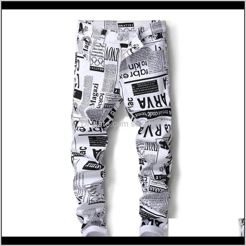 Heren gedrukte broek punk stijl gothic zwart geschilderd DJ Club Night slanke been coole witte jeans voor jonge mannen Iwsod ZGEVB