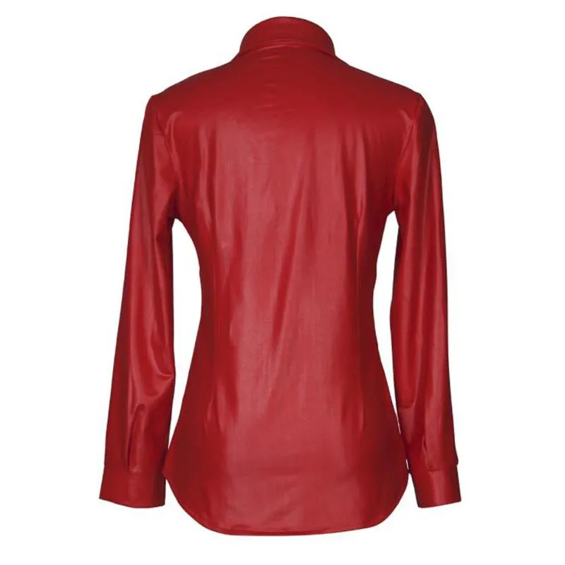 a*t様 attachment double zip leather blous Womens Leather Blouse Red And Black Faux Leather Shirt With