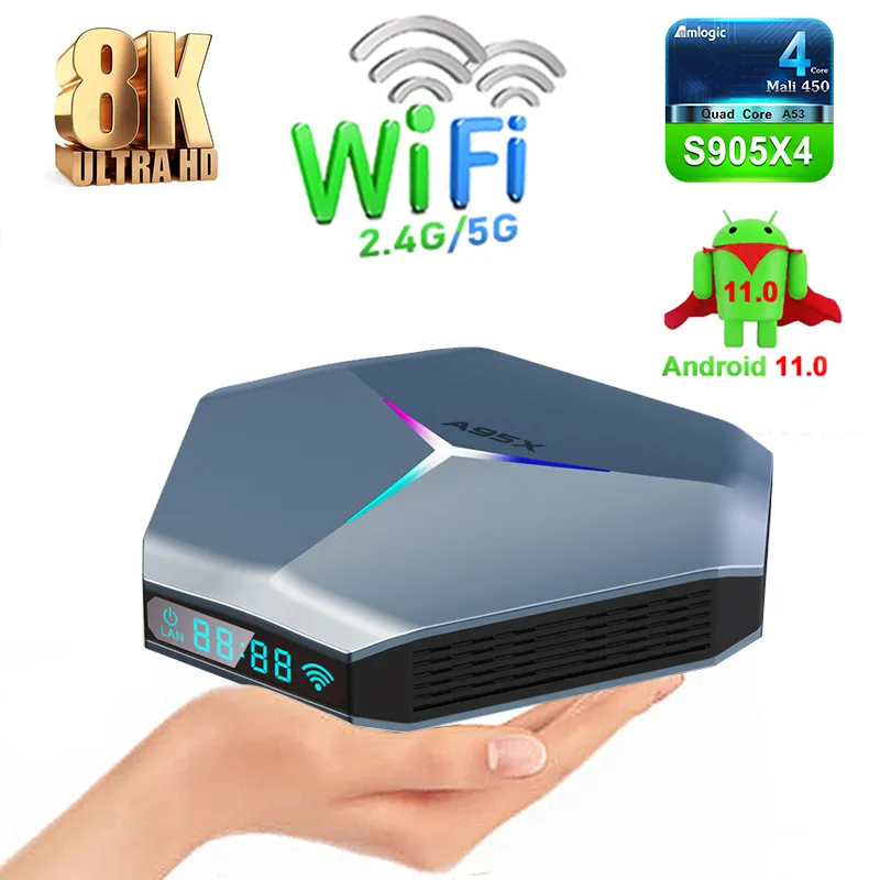 A95X F4 Amlogic S905X4 스마트 안드로이드 11 TV 박스 4GB RAM 32GB 64GB 128GB ROM 2.4G / 5GHz WIFI RGB 라이트 세트 TopBox