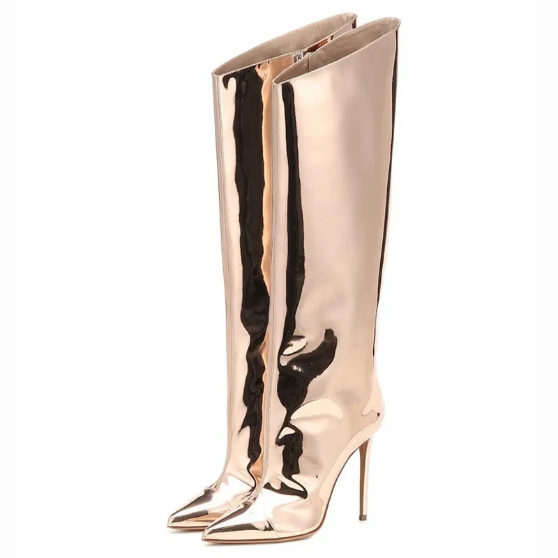 Mode Dames Laarzen Puntige Teen Stilettos Rits Elegante Dames Laarzen Goud Zilver Klinknagels Dames