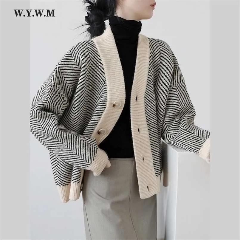 WYWM Automne Rayé Cardigans tricotés Pull Femmes Vintage Coréen Chic Manteau à manches longues Mode Streetwear Lâche Femme Tops 211215