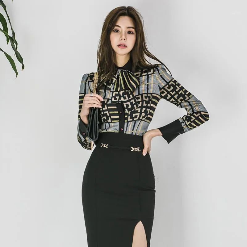 Women's Blouses & Shirts CINESSD The Sexy Rayon Office Blouse Render Tops Women Autumn Chiffon Grid Bow Tie Long Sleeve Notched Jacket