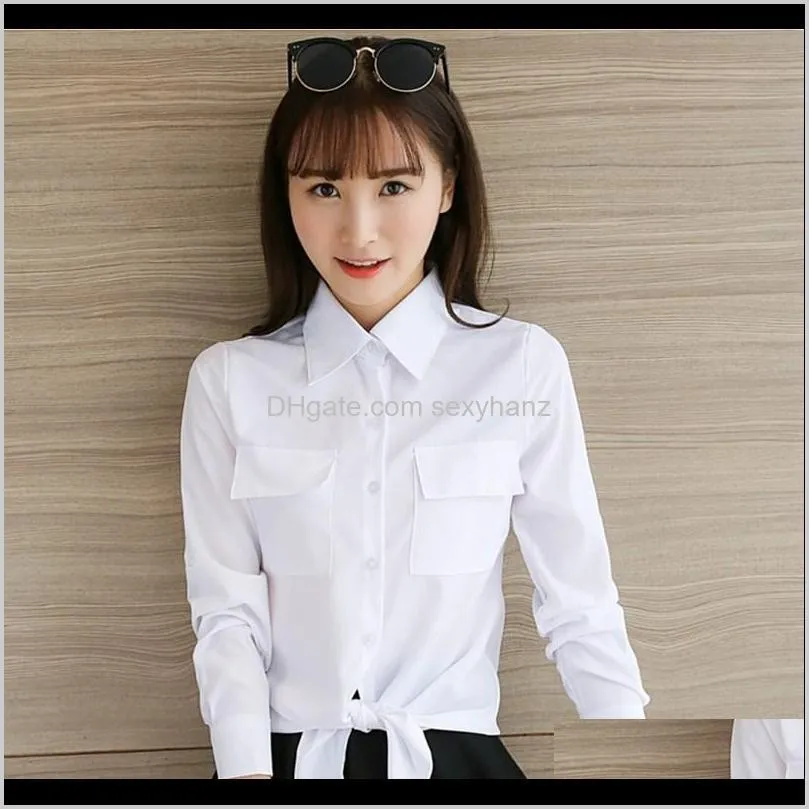 white shirt women`s long-sleeve college style fold-down collar bow top women`s versatile clothes spring and autumn cheap