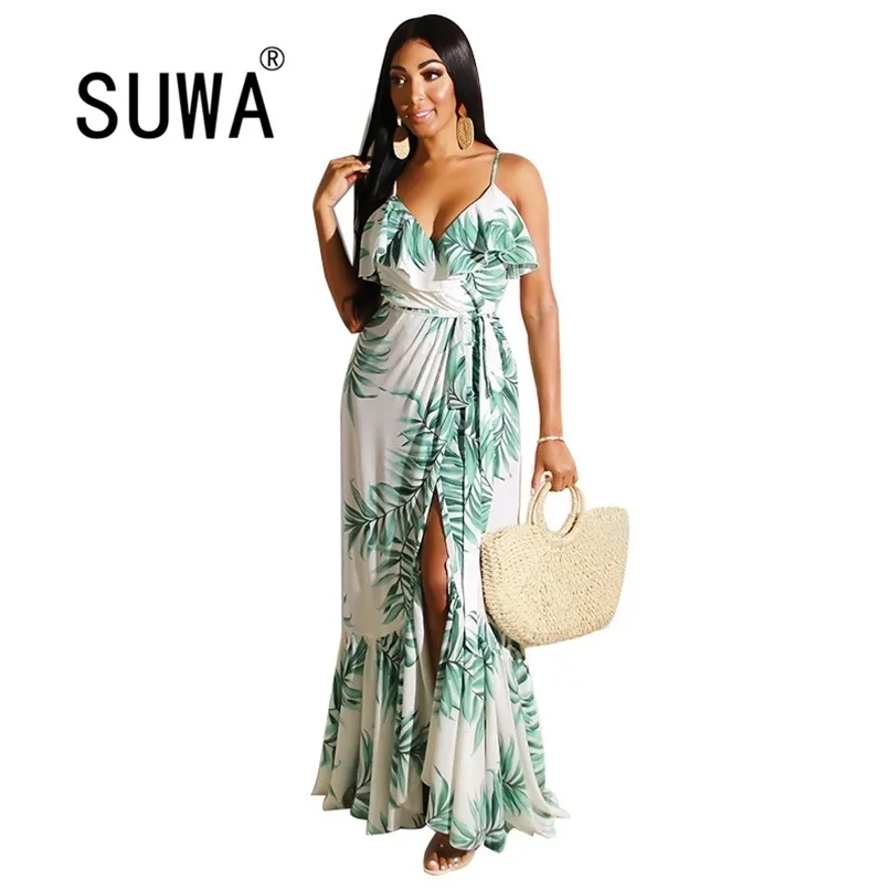 Recommend Korean Style Women Dress Summer Tie Dye Side Slit Elegant Boho Sexy Club Party Long Spaghetti Strap 210525