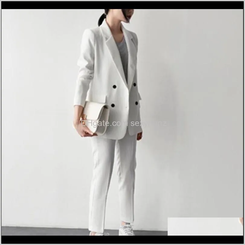 2020 fashion 2 piece sets pant suits double breasted stripe blazer jacket and straight pant office women outfits