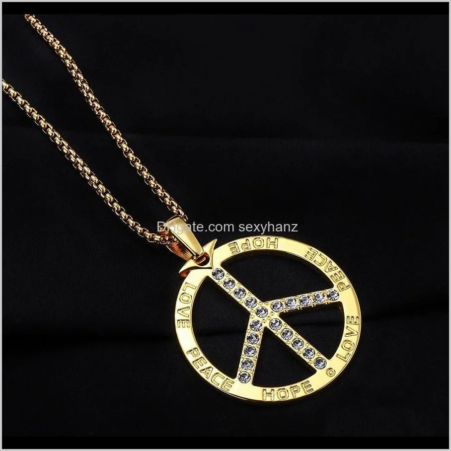 fashion mens hip hop jewelry gold chain great peace pendant necklace stainless steel snake chain rhinestone design punk men necklace for