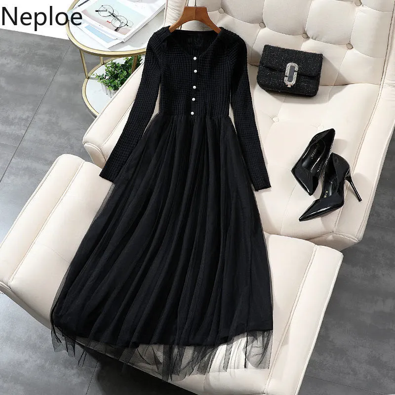 Neploe Plus Size Woman Dress Knitted Patchwork Gauze Black Vestidos V-neck Long Sleeve Robe High Waist Slim Maxi Dresses Women 210422