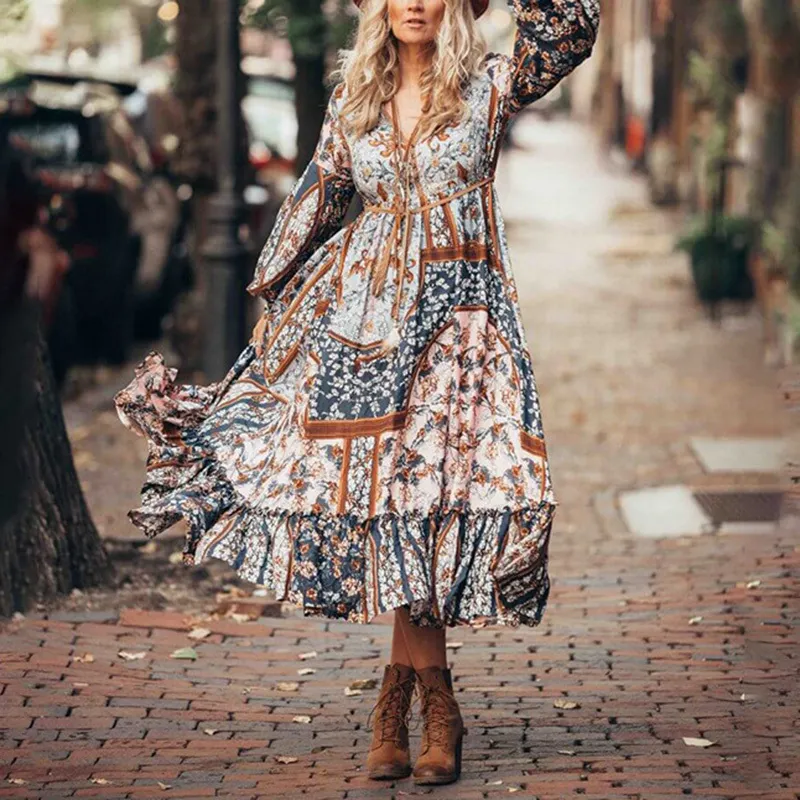 Summer Boho Women Maxi Vintage Print Sleeve Loose Long Beach Boho