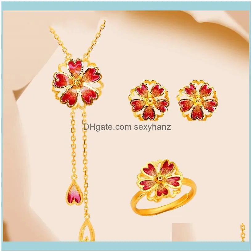 Sets Jewelryluxury Female Red Enamel Jewelry Set Charm Gold Color Wedding Stud Earrings For Women Cute Bridal Flower Chain Necklace Ring & D