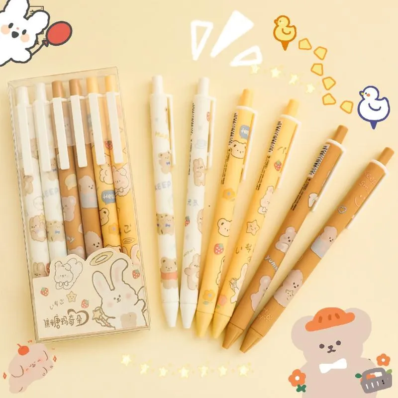 Gel Als 6pcs/set Kawaii Pen 0.5mm Ink Ink Ballpoint Cartoon Stonation Student Office Heart Cute Press