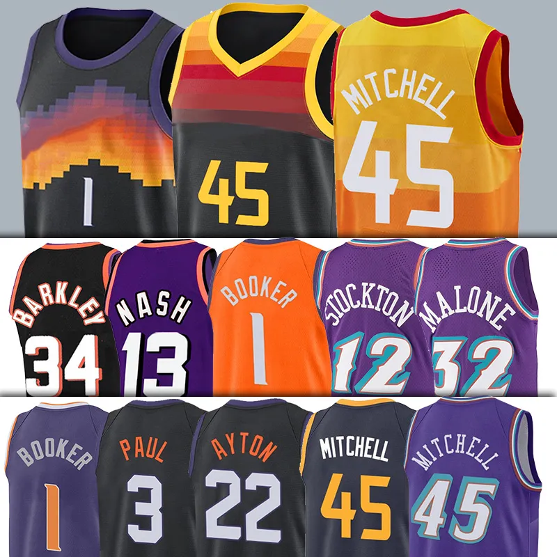 1 Devin Chris Booker Maillots de basket-ball 45 Donovan Paul Rudy Mitchell Gobert Karl 12 John 34 Charles Malone Steve13 Nash Stockton Barkley