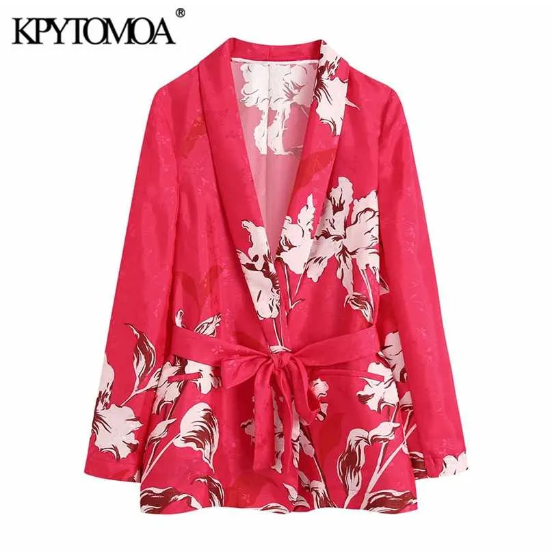 KPYTOMOA femmes mode avec ceinture imprimé fleuri Blazer manteau Vintage à manches longues poches passepoilées vêtements de dessus pour femmes Chic Veste 211019