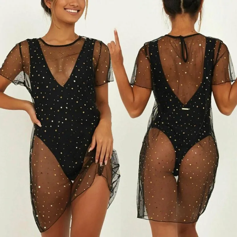 Cover-Ups Frauen Sexy Mond Stern Pailletten Mesh Bikini Cover Up Bademode Baden Strand Kleid Sommerkleid Sarongs