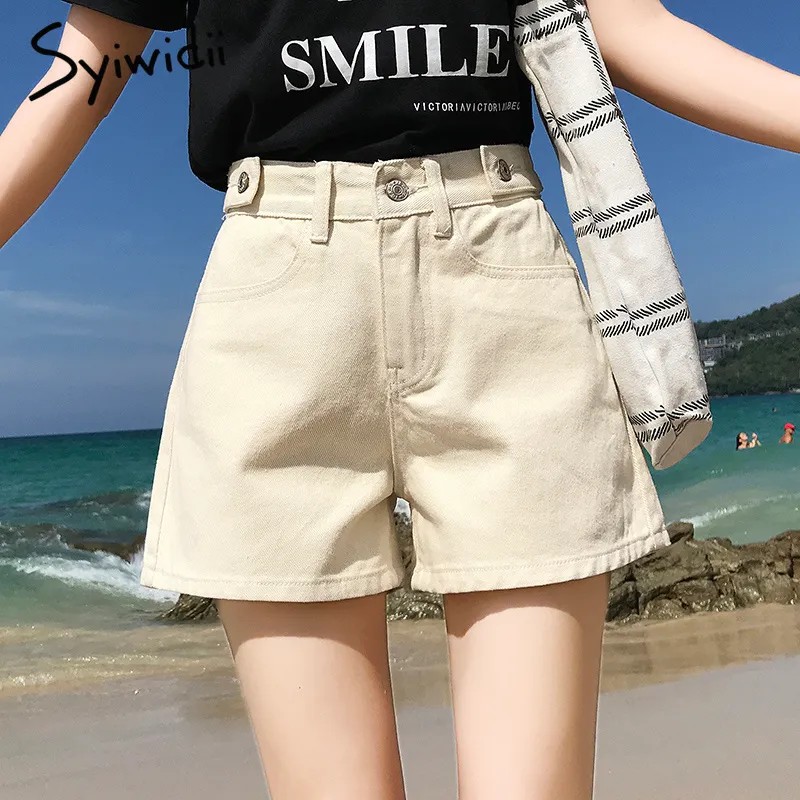 Frauen Denim Shorts Sommer Mom Jeans Hohe Taille Shorts Frau Plus Größe Kurze Femme Blau Grau Beige Breite Bein Shorts jeans 210417