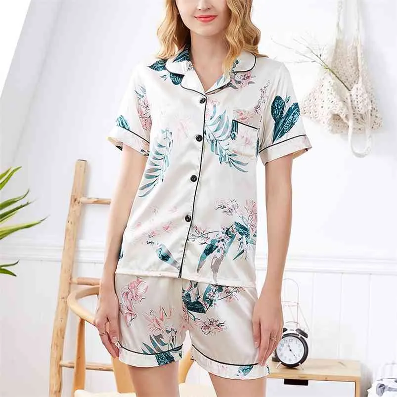 FallSweet pyjama en soie pour femmes manches courtes vêtements de nuit pour femmes imprimer deux pièces ensemble vêtements de nuit décontracté 210831