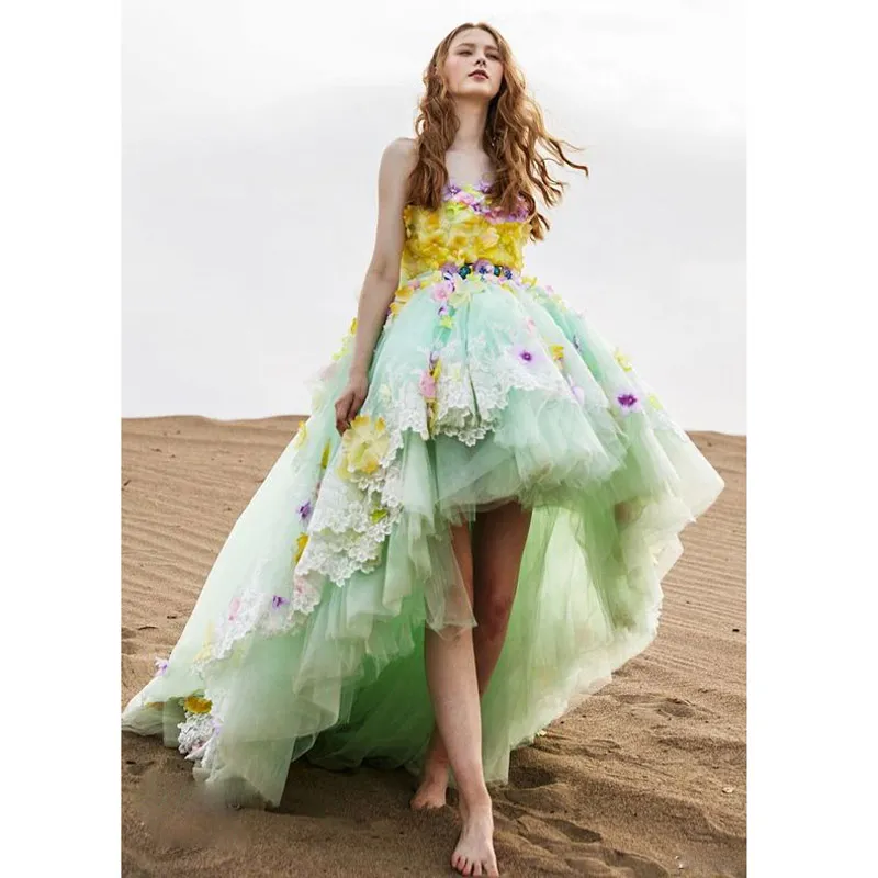 2022 Pretty Floral High Low Prom Dresses Women Teen Girls Formal Party Dress Mint Green Tulle Evening Gowns Short Front Long Back Lace Flower Appliques Robe de Soriee