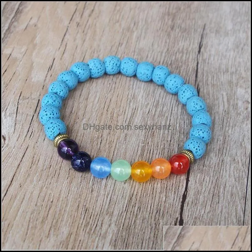 Handmade DIY 7 Chakra Bracelet Bangle Blue Lava Rock Yoga Healing Reiki Prayer Mala Beads Gift Beaded, Strands