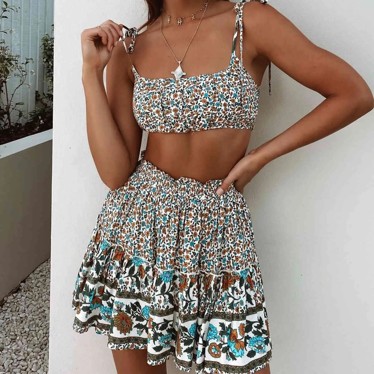 Jastie 2 Piece Sets Womens Outfits Summer Boho Floral Printed Crop Top & Elastic Waist Mini Skirt Two Price Set Dress Beach 210419