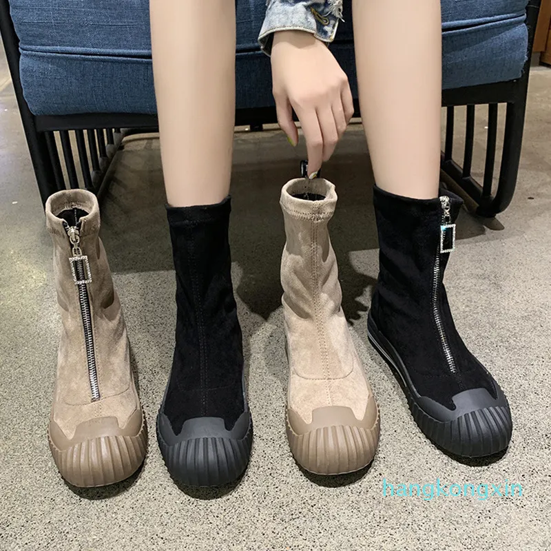 Stiefel 2021 Herbst und Winter Frauen Wildleder Socken Komfort Reißverschluss Ankle Boot Mujer Scarpe Donna Chunky Heels Botte Femme