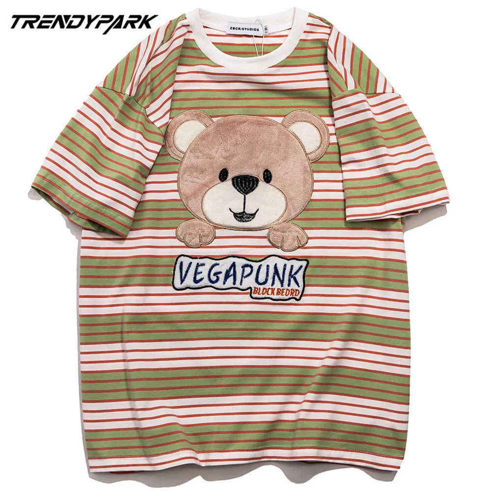 Hip hop broderi björn t-shirt män hajuku randig t-shirt bomull casual sommar kortärmad t-shirt toppar tee 210601