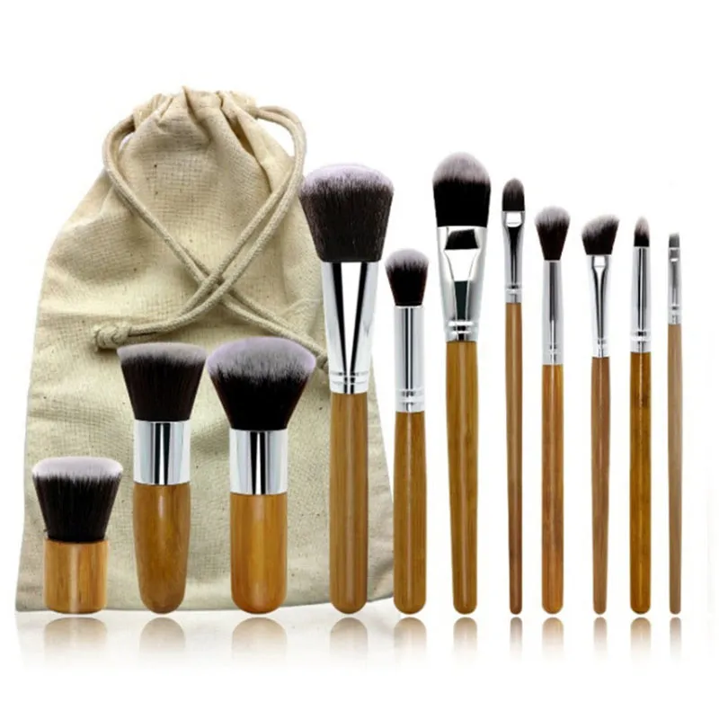 11pcs Bamboo Maniglia per il trucco Pennelli Set Professionale Cosmetici Brush Kits Eyeshadow Foundation Beauty Make up Strumenti con borsa da imballaggio