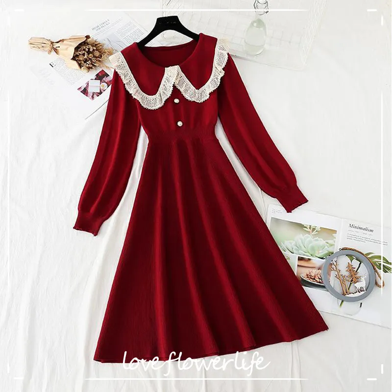 Femmes élégantes robe tricotée rouge printemps automne col de poupée solide pull à manches longues robes bureau dame robe midi 210521
