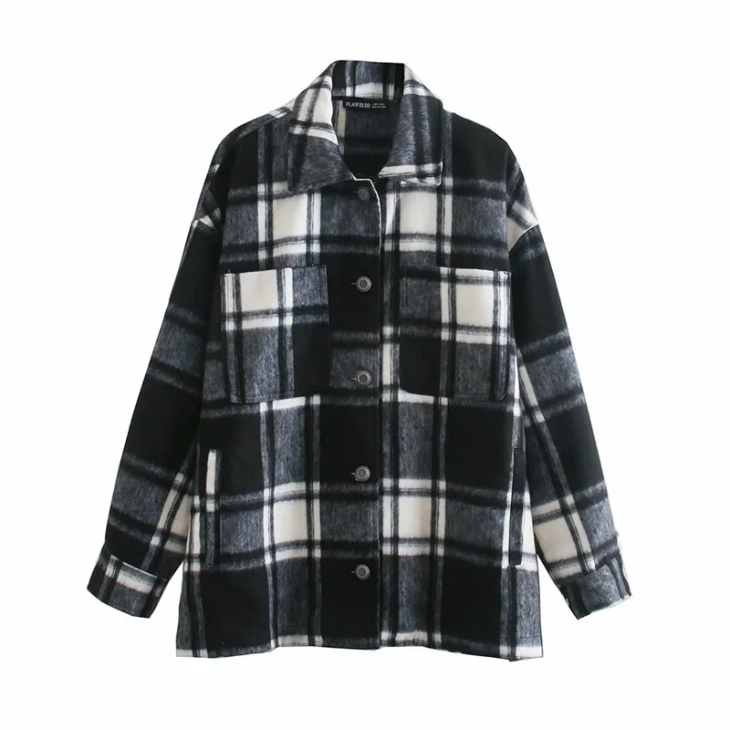 Vintage élégant lâche noir et blanc Plaid veste manteau femmes mode revers col à manches longues lâche Chic haut 210520