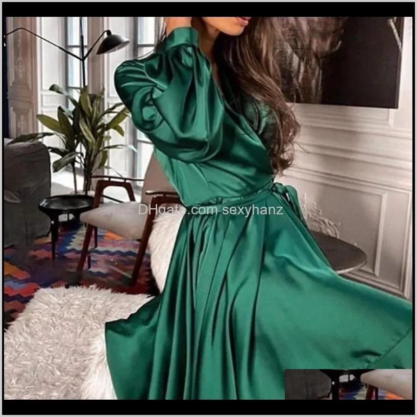 sexy satin sashes a line robe mini dress lantern sleeve low cut elegant party club plus size 2021 women `s clothing vestidos casual