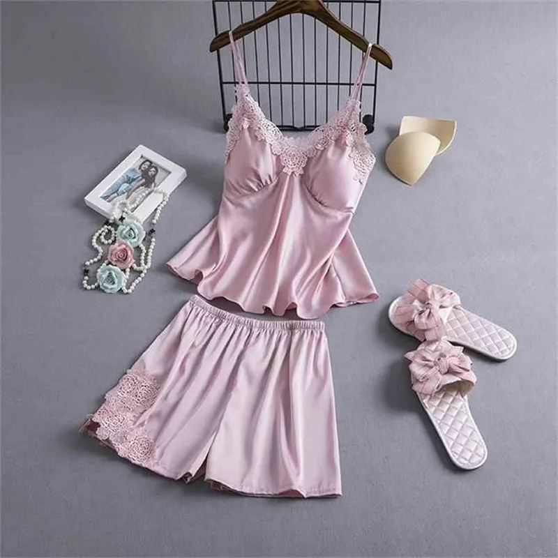 Pajamas Sets Silk Women Nightgowns Sexy Ladies Satin Nightwear Robe Nighties Sleepwear shorts combinaison pyjama femme 210809