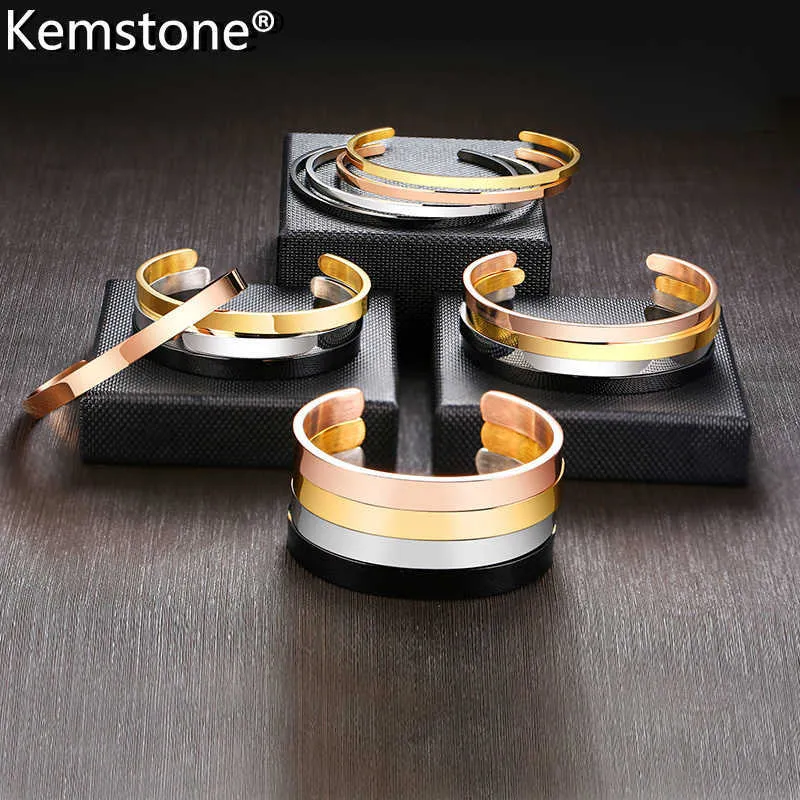 Kemstone Simple 3/4/6/8mm Cuff Open Bangle Bracelet Stainless Steel Gold Black Rose Gold Silver Plated 59mm/64mm Jewelry for Men Q0719