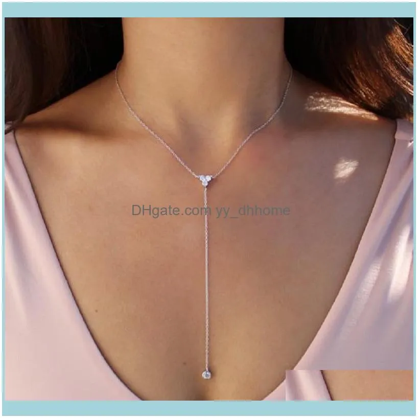 Chains 2021 Simple Long Chain Lariat Necklace 925 Sterling Silver Triangle Round Cz Charm Y Shaped Minimal Dainty Women Fashion