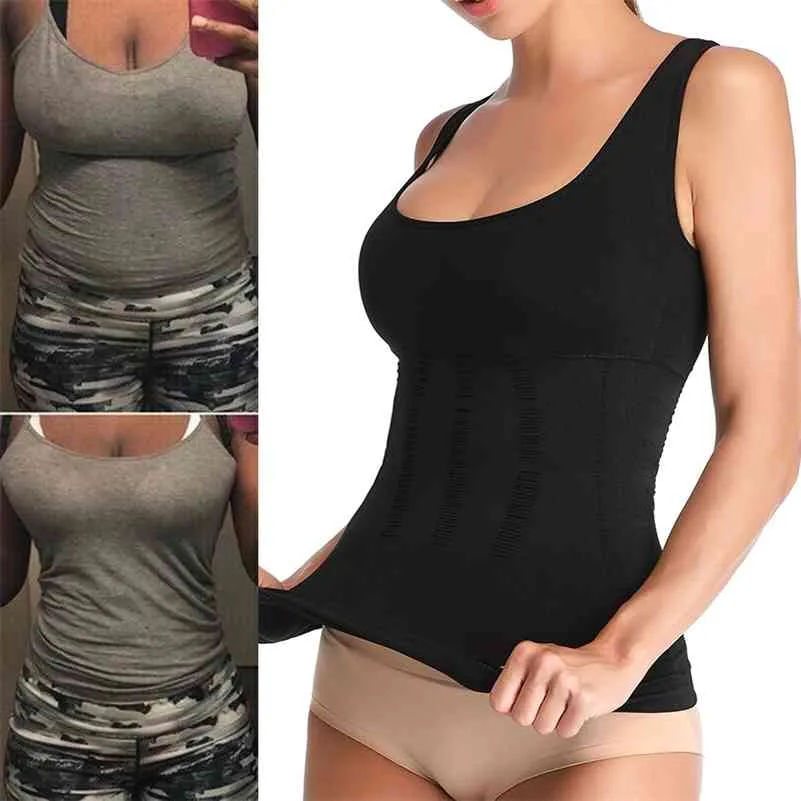 여성용 탱크 탑 캐미 셰이퍼 탈착식 패드 Tummy Control Shapewear Camisole Seamless Compression Shaping Tops with 내장 브라 210402