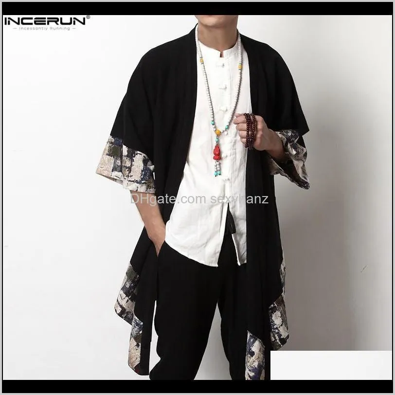 incerun 2020 chinese style men outerwear vintage cloak casual kimono half sleeve irregular long trench coats men plus size 5xl1