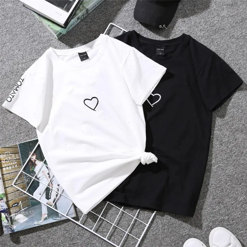 Par Lovers T-shirt för kvinnor Casual White Tops T Shirt Love Heart Broderi Print