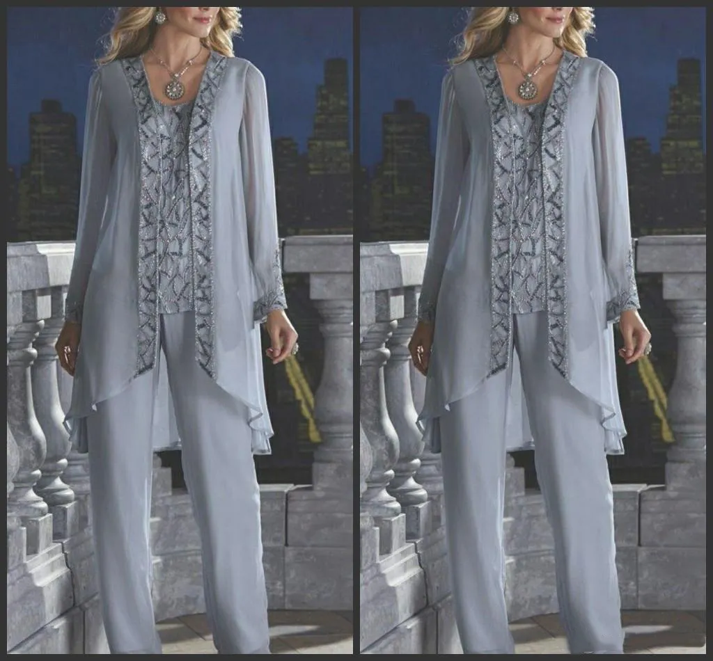 New Mother Of The Bride Groom 3 Piece Pant Suit Silver Chiffon Beach Wedding Mothers Dress Long Sleeves Beads Formal Evening Wear