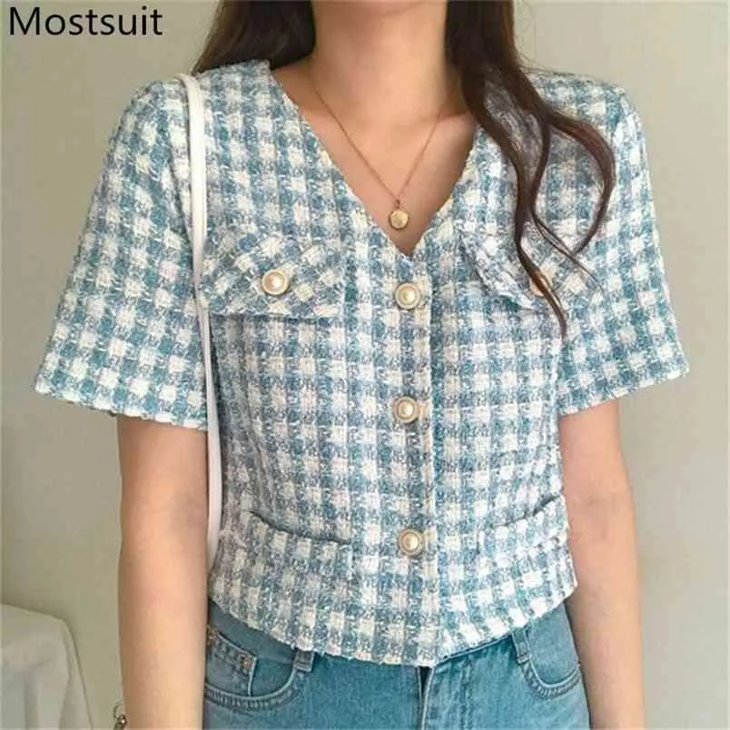 Coreano Vintage xadrez Curto Casaco Casaco Mulheres Manga de Verão V-Neck Único Tops Breasted Elegante Elegante Senhoras Outwear 210513