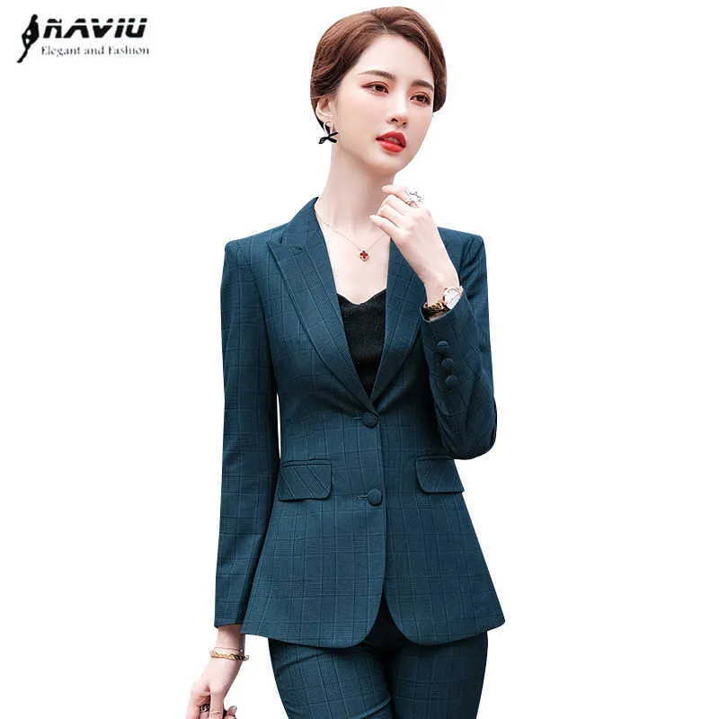 格子縞のスーツの春のファッションの気質ハイエンドのビジネス正式なブレザーとズボンのオフィスの女性仕事着用210604