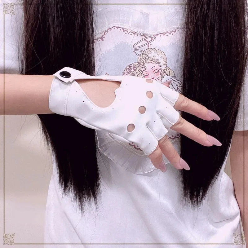 Fünf Finger Handschuhe Fingerlose Anime PU Leder Kawaii Herz Schwarz Weiß Rosa Mode Streetwear Frauen Punk Goth Lolita T436