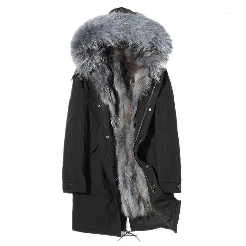 Mäns Läder Faux Real Fur Coat Raccoon Parka Vinterjacka Lång Male Warm Parkas Plus Size Manteau Homme D-96-1701 MY1828