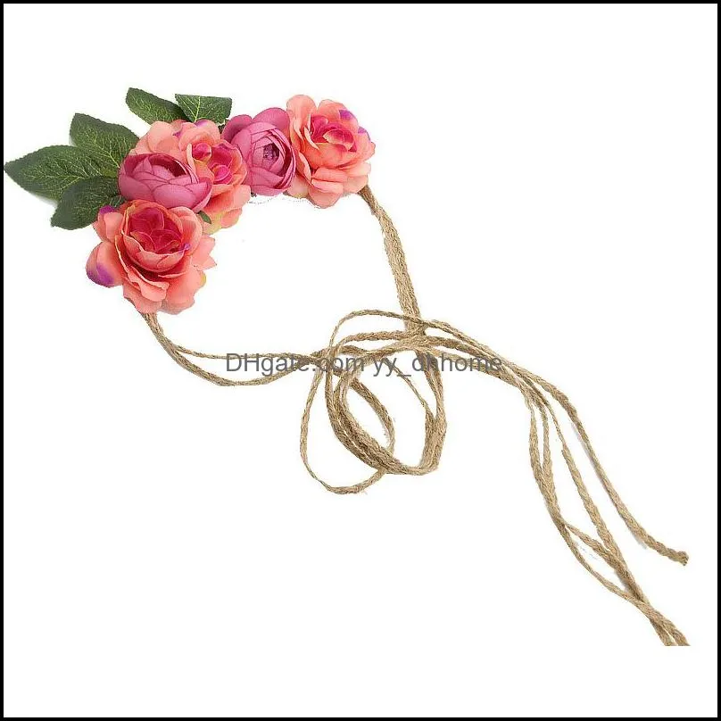 Rosa Flower Wreath Wedding Bridal Artificial Flower Head Tiara Crown Long Straps Floral Headband Woman Hair Accessories