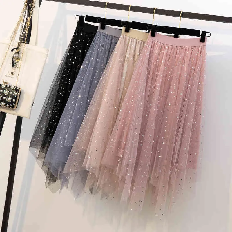 Kvalitet plus storlek elastisk hög midja lång tulle sommar kvinnor mode stjärna sequined oregelbunden hem mesh tutu kjol 210416