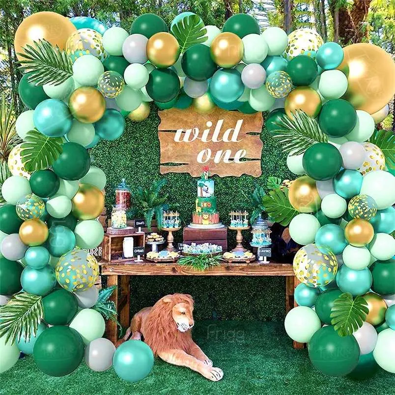 Green Balloon Girland Arch Kit 1st Urodziny Dekoracji Dzieci Dzikie Jedno Latex Baloon Jungle Safari Party Supplies Baby Shower 211216