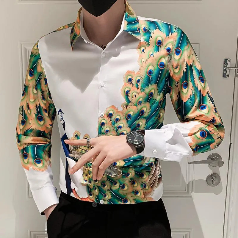 Camisas casuales para hombres Coreano Slim Fit Camisa Social Camisa Manga larga Club de noche Botón para hombre Botón de lujo Men Flow Peacock Impresión