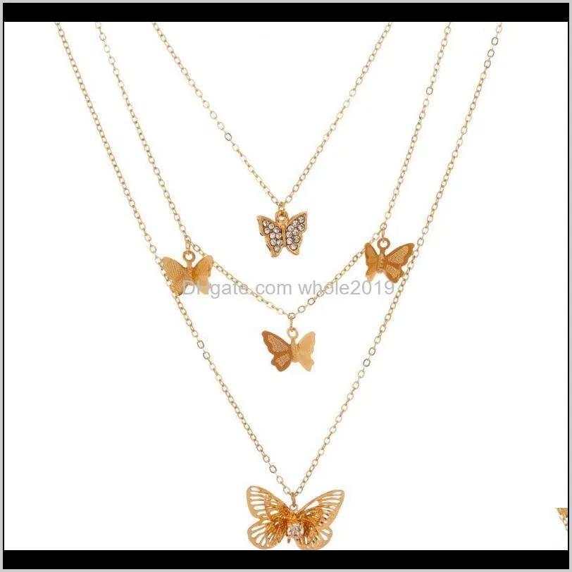 creative retro alloy butterfly necklace for women fashion exaggerated metal crystal multilayer 2021 jewelry wholesale pendant