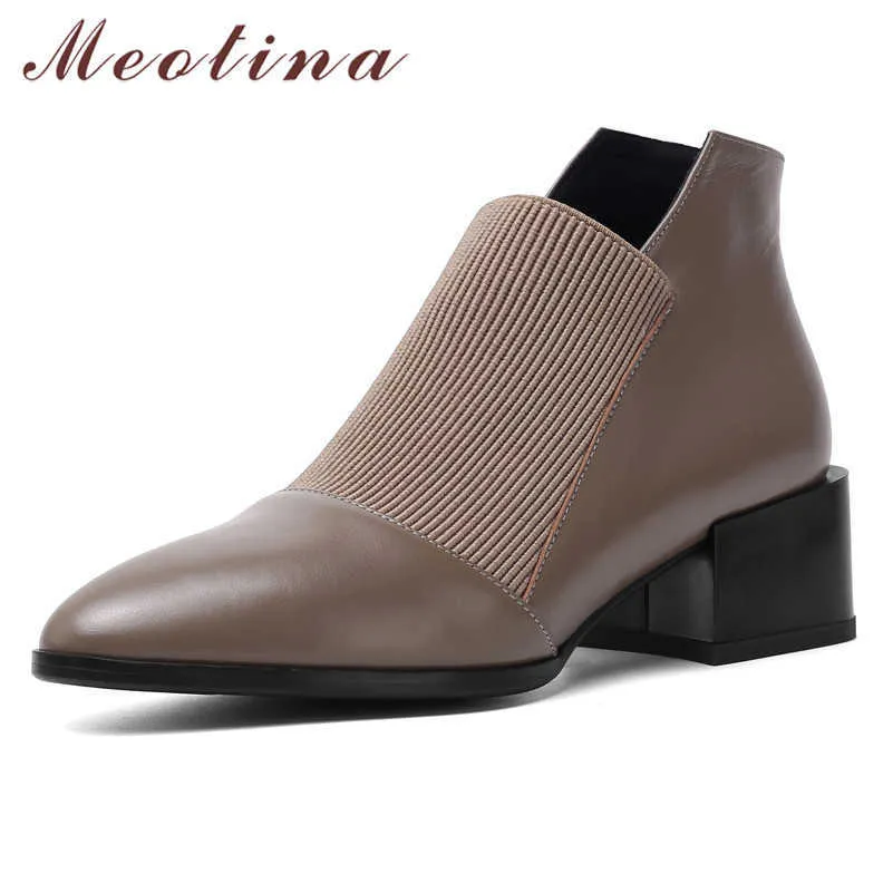 Meotina Hiver Bottines Femmes Naturel Véritable Cuir Chunky Talon Bottes Courtes Slip sur Bout Pointu Chaussures Femme Automne Taille 39 210608