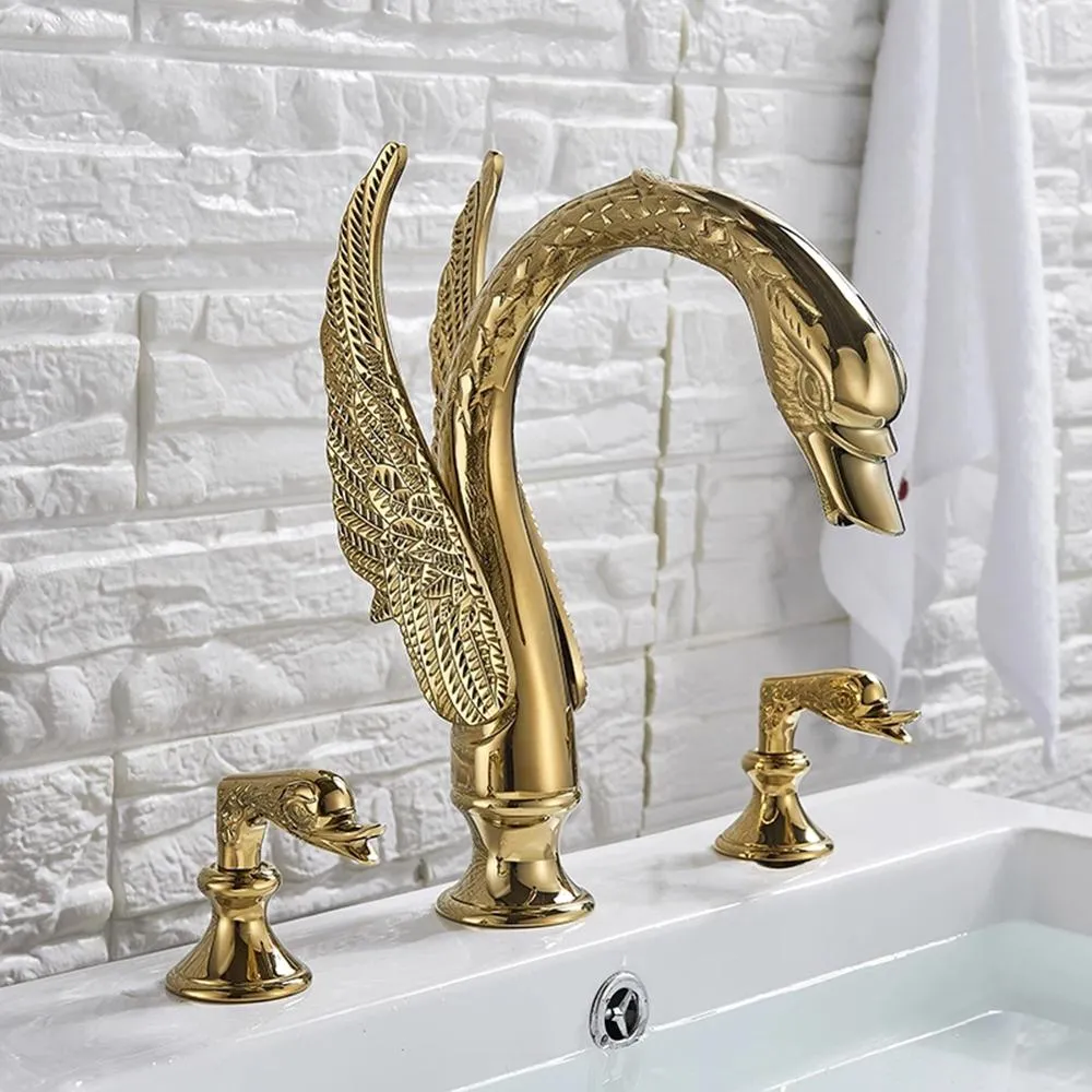 Newly Luxury Gold Bathroom Sink Faucet Basin Mixer Tap Swan Style Vessel Faucet 2 Handles