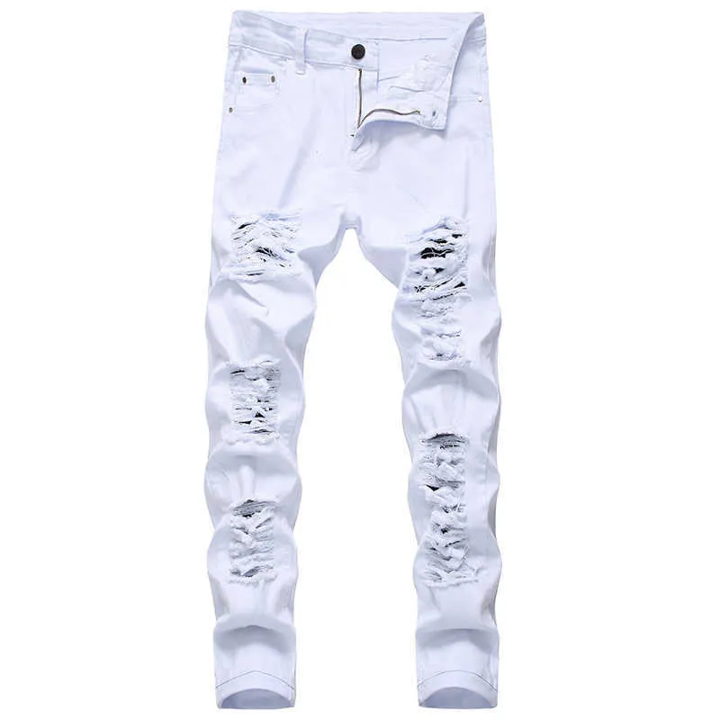 Hommes Ripped Jeans Blanc Rouge Noir Stretch Slim Fit Printemps Automne Denim Pantalon Distressed Hip Hop Streetwear Biker Jeans Pantalon X0621