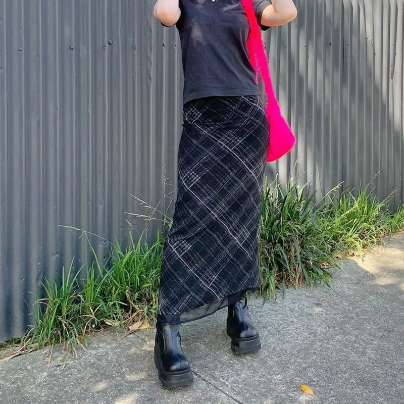 Grunge Maxi Skirt Outfit Grunge Tulle Skirt: Korean Low Waisted Plaid