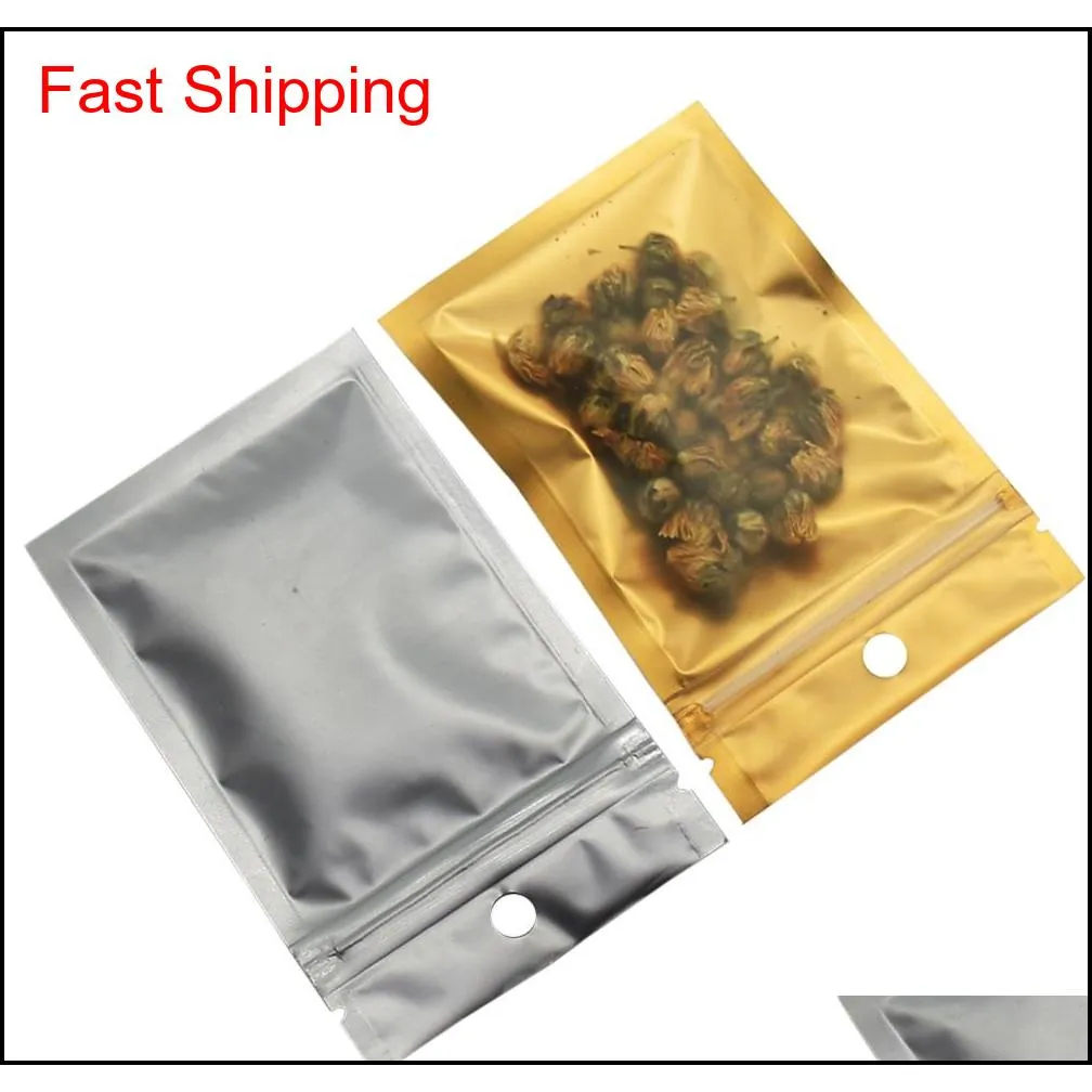 8x13cm gold zip lock plastic bags resealable matte/clear dried food candy smell proof storage zipper bag with hang hole 100pcs/lot