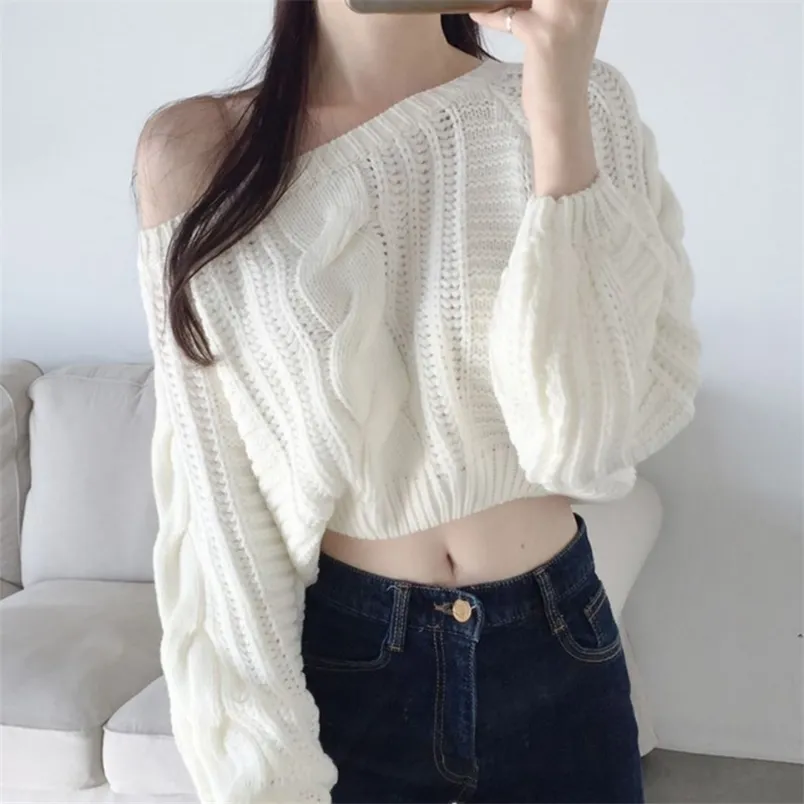 Casual Knit Pullover Camisola Mulheres Outono Inverno Sólido Manga Longa Off Ombro Puxe Jumper Curto Ladies Coreano Crop Top 210514